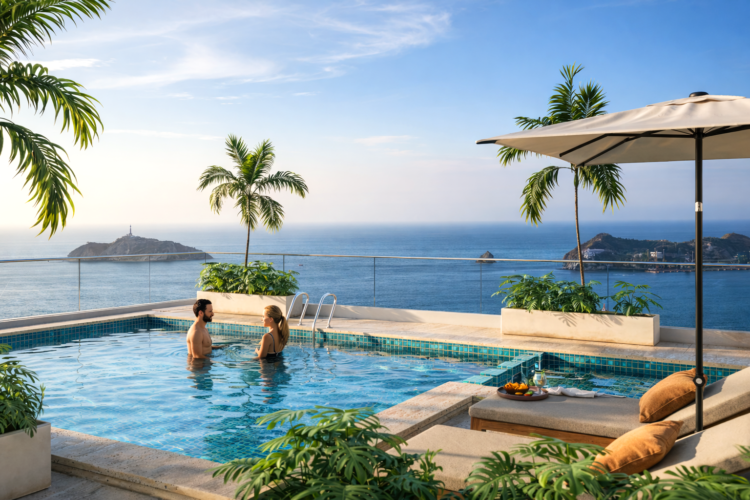 Piscina con vista al Mar Caribe en Santa Marta