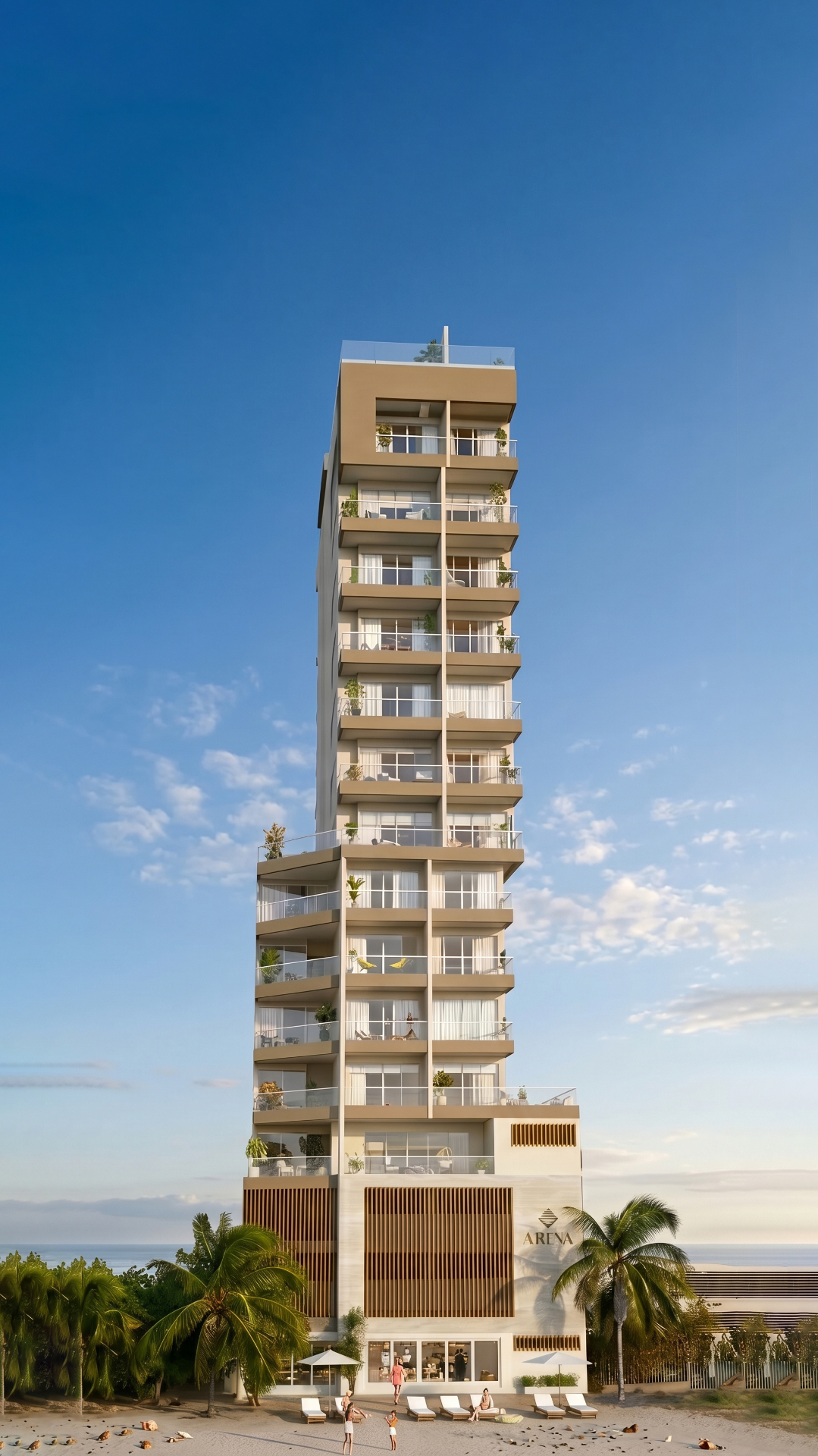 Fachada frontal del Edificio Arena Apartasuites en primera línea de playa