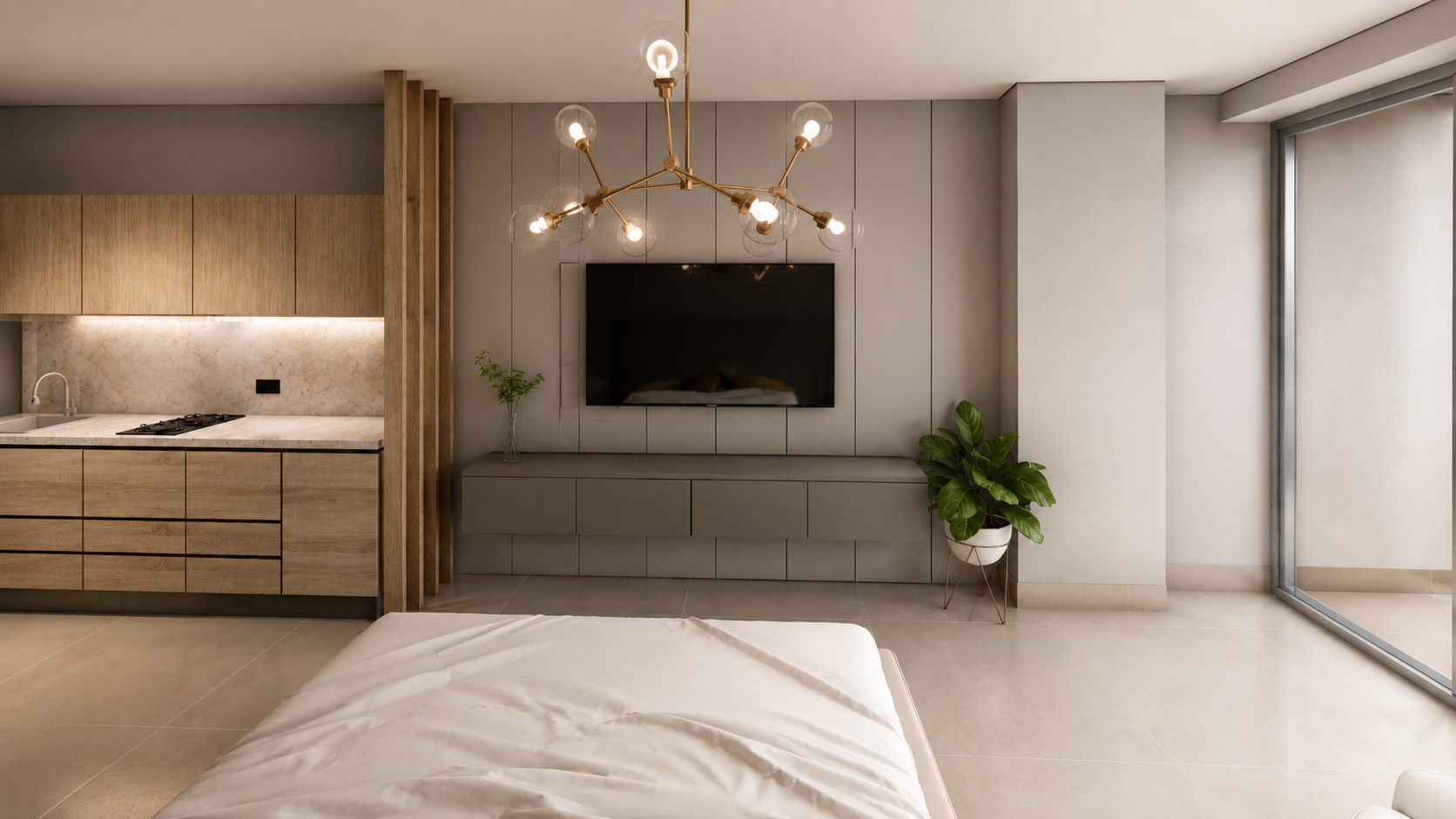 Sala estudio Arena Apartasuites con iluminación cálida